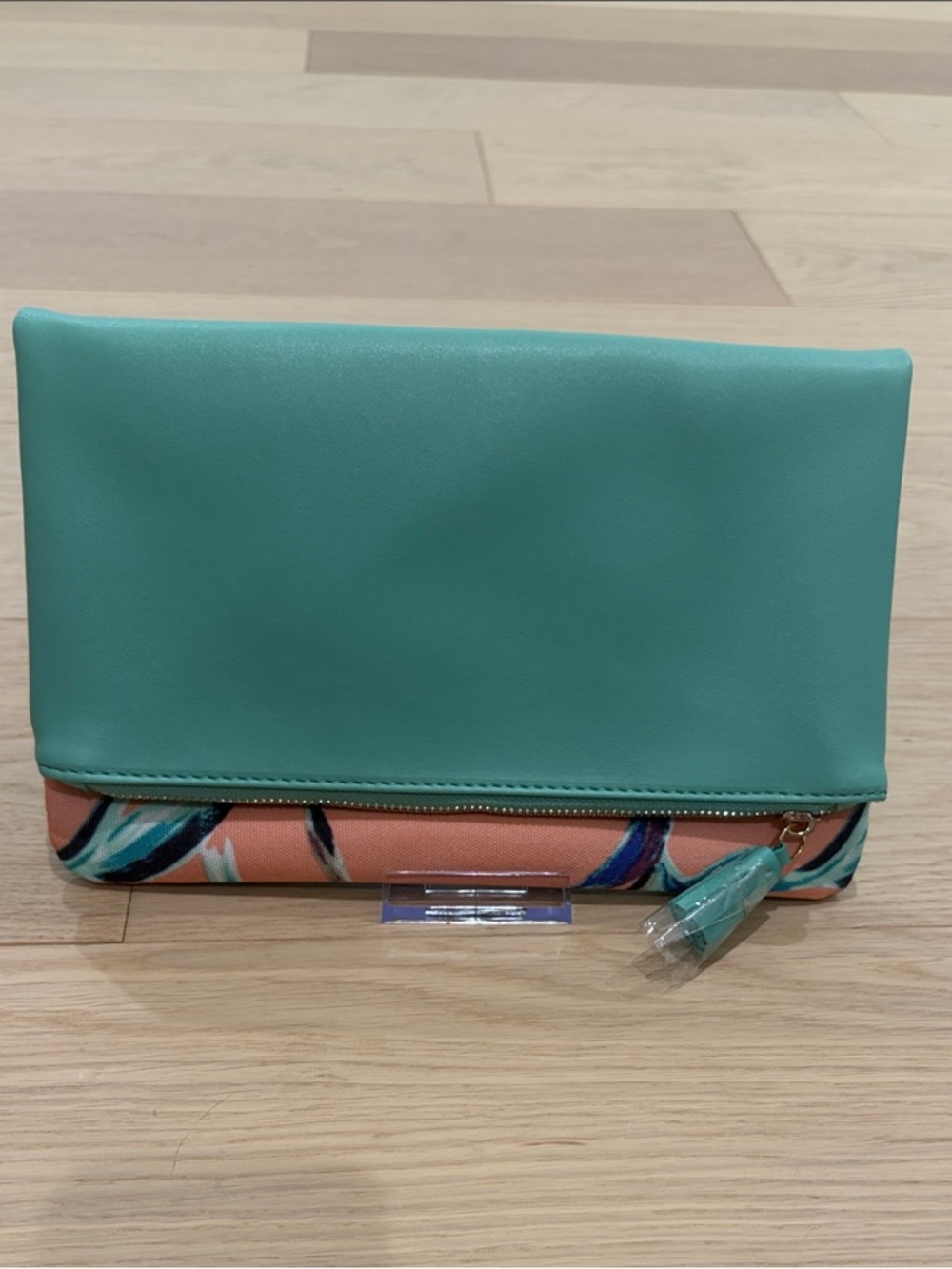 Rachel Pally Teal Fold-Over Clutch with Coral Floral Trim
